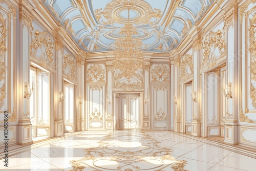 A grand interior featuring ornate architecture with golden accents, large chandeliers, and expansive marble flooring illuminated by natural light