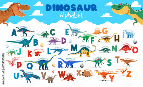 Kids dinosaurs alphabet with cartoon dino characters and eggs vector typography set. Uppercase letters with prehistoric dinosaurs, children education poster. Cute dino animals english alphabet letters