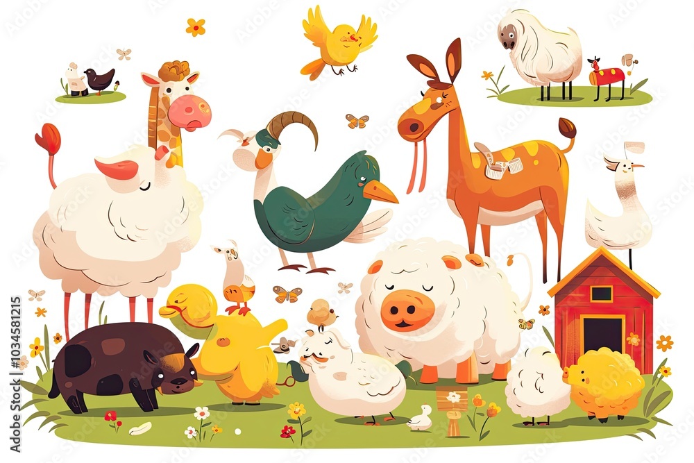 A lively farmyard gathering with colorful cartoon animals enjoying a sunny day surrounded by flowers and greenery in a vibrant pastoral setting A lively farmyard gathering with colorful cartoon animals enjoying a sunny day surrounded by flowers and greenery in a vibrant pastoral setting