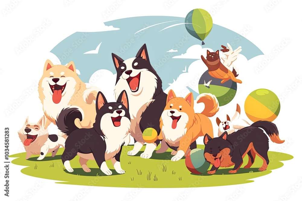 A joyful gathering of playful dogs enjoying a sunny day in the park with colorful balloons floating overhead and lush green grass under a bright blue sky A joyful gathering of playful dogs enjoying a sunny day in the park with colorful balloons floating overhead and lush green grass under a bright blue sky