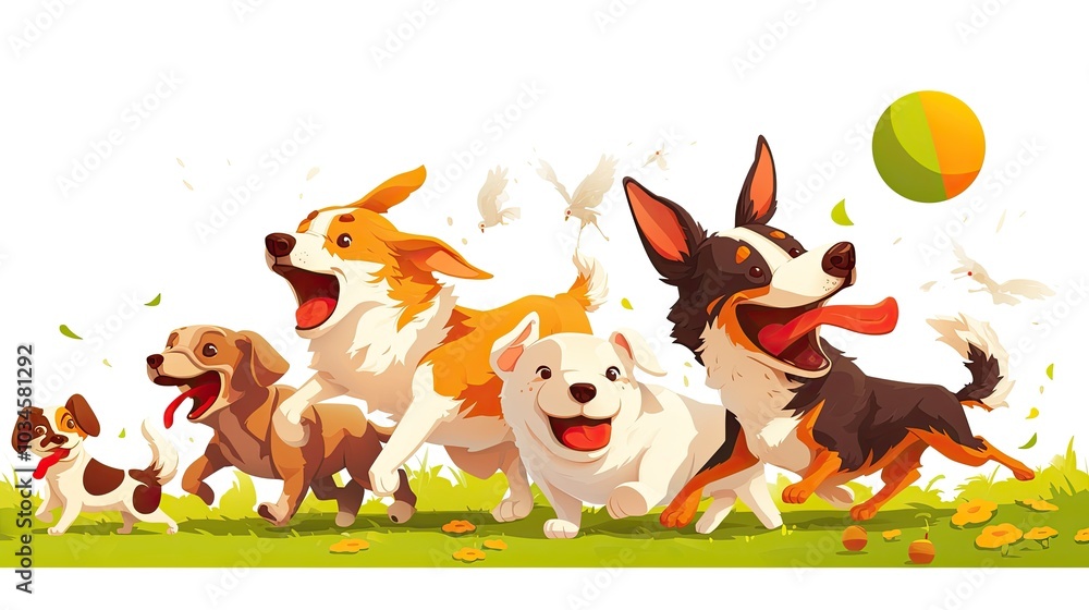A joyful gathering of five playful dogs chasing a ball in a sunny park filled with grass and flowers, creating a lively atmosphere during a bright afternoon A joyful gathering of five playful dogs chasing a ball in a sunny park filled with grass and flowers, creating a lively atmosphere during a bright afternoon