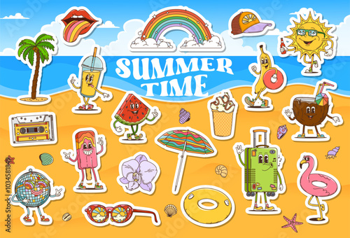 Retro cartoon groovy travel stickers pack. Vector set of summer-themed patches, funny sun, watermelon, ice cream, and coconut drink characters. Rainbow, palm tree, glasses and lips on sandy beach