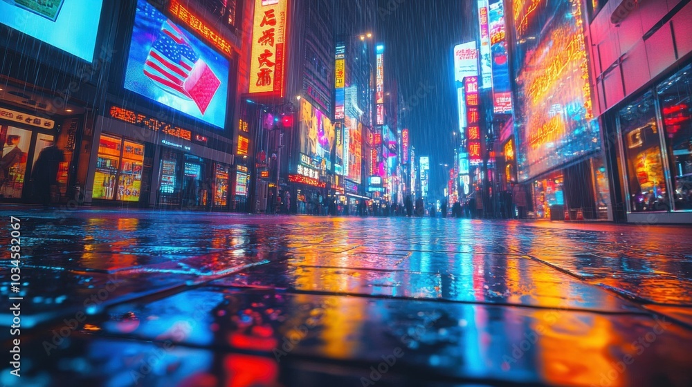 A vibrant city street scene illuminated by neon lights during rain, showing reflections on the wet pavement, creating a colorful atmosphere. A vibrant city street scene illuminated by neon lights during rain, showing reflections on the wet pavement, creating a colorful atmosphere.