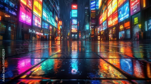 A vibrant urban streetscape drenched in rain, showcasing colorful neon signs and reflections on the wet pavement, illustrating modern city life.