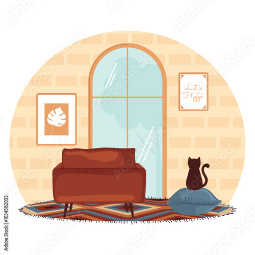 Living room sofa with cat and large window, Vector