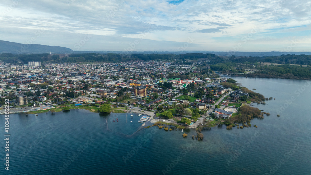 Villarrica city seen from the air, panoramic aerial shot. Patagonia, Chile Villarrica city seen from the air, panoramic aerial shot. Patagonia, Chile