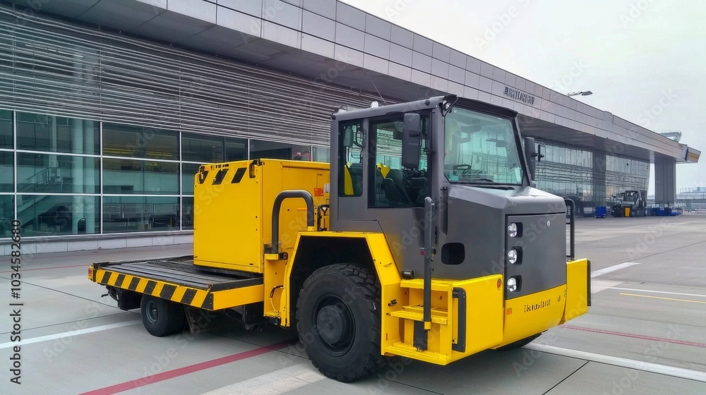 Tow tractor pulling luggage carts at airport apron Tow tractor pulling luggage carts at airport apron