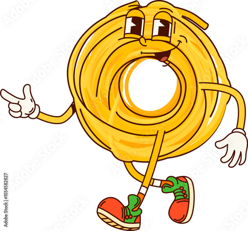 Italian pasta groovy character with cheerful face, retro sneakers and fun, groovy vibe. Cartoon vector capellini noodles roll bringing playful energy to culinary art, food preparation and kids menu