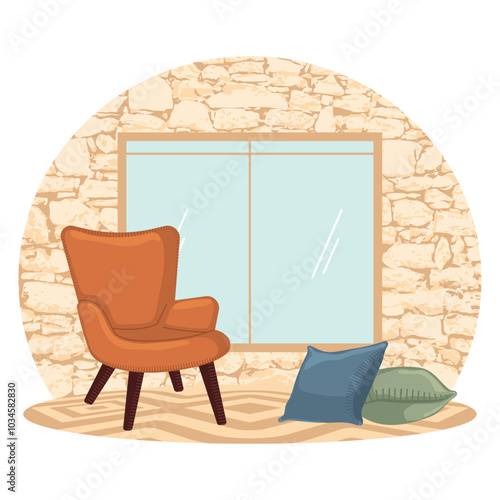 Cozy chair and cushions by large window in living room, Vector