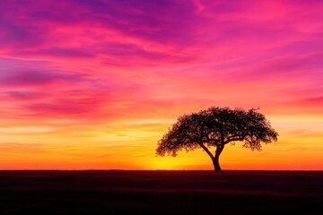 Leinwandbilder Rosa Silhouette of a lone tree in an open field, with a vibrant sunset casting orange and pink hues across the sky, capturing the beauty of nature in twilight  © Karn AS Images