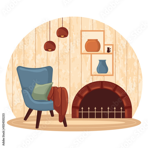 Living room with cozy chair, fireplace, and wall decor, Vector