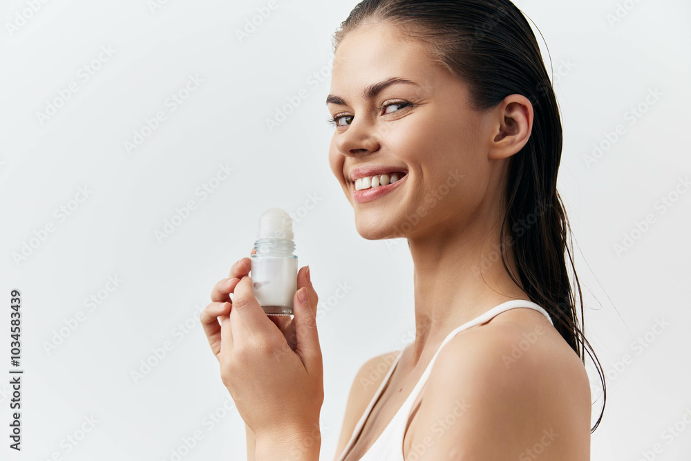 skincare, beauty, freshness, wellness, health, natural, smile, product showcase, model portrait, white background, lifestyle photography, personal care, daily routine This image features a happy young skincare, beauty, freshness, wellness, health, natural, smile, product showcase, model portrait, white background, lifestyle photography, personal care, daily routine This image features a happy young