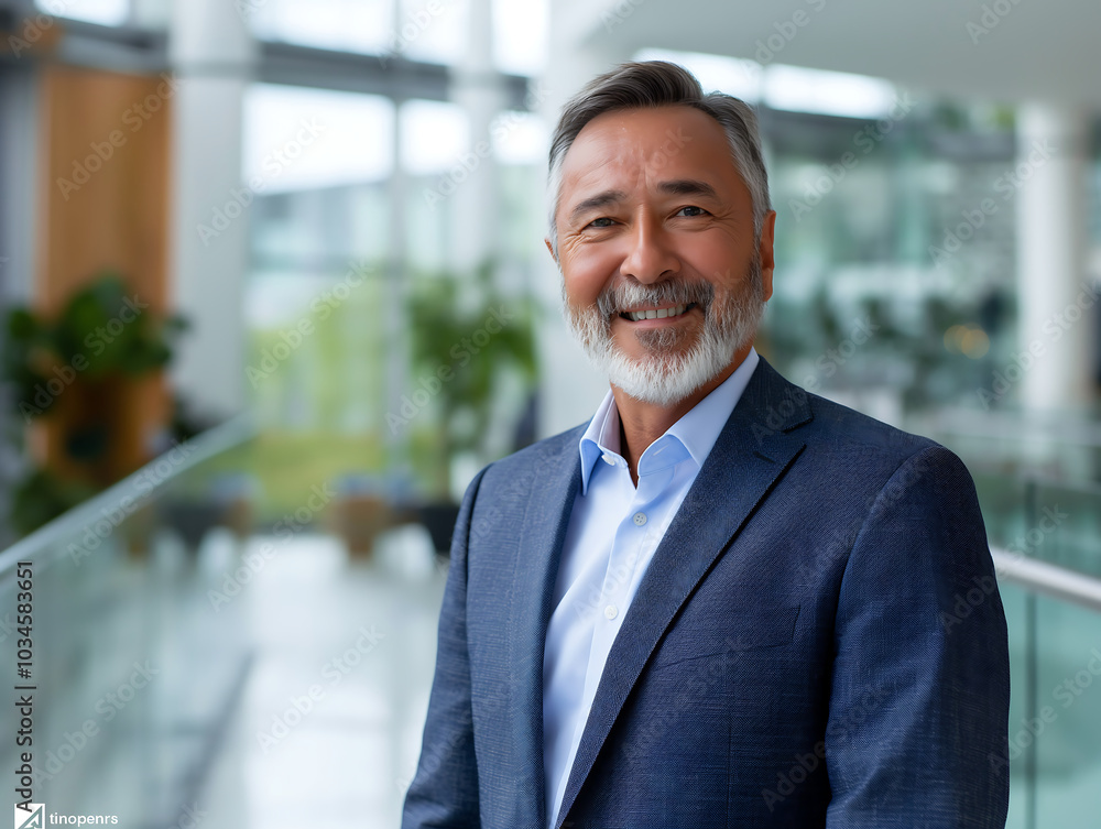 Senior businessman standing in a modern office environment with natural lighting Senior businessman standing in a modern office environment with natural lighting