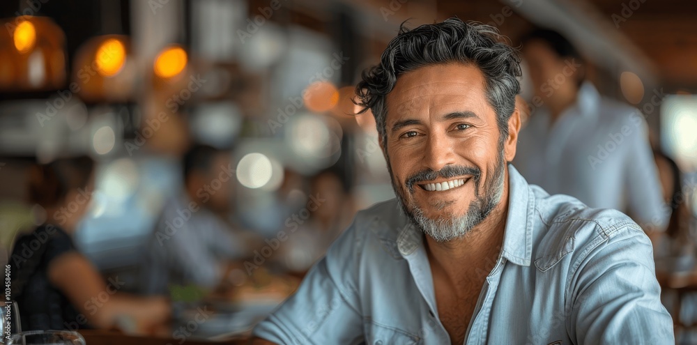 Happy confident Hispanic restaurant manager sitting and smiling in a modern crowded interior Happy confident Hispanic restaurant manager sitting and smiling in a modern crowded interior