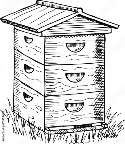 Wooden beehive. Apiary swarm house. Farm sketch