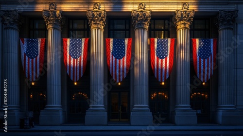 The image shows a historic building adorned with large American flags hanging between its columns. The light highlights the architecture, symbolizing patriotism. photo