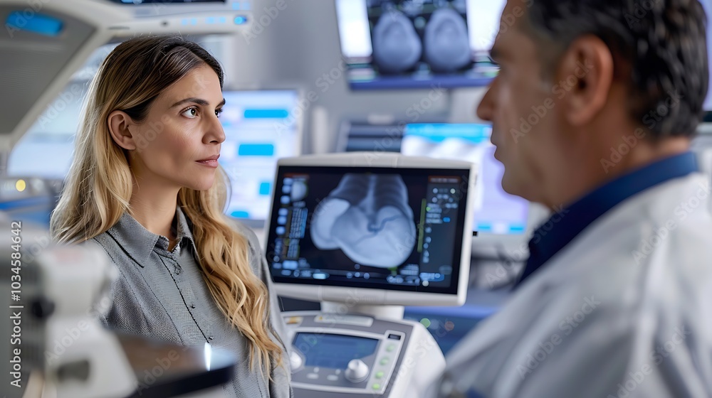 A doctor demonstrating the precision of a portable ultrasound device to a curious patient showcasing clear ultrasound images of internal organs during a routine health check A doctor demonstrating the precision of a portable ultrasound device to a curious patient showcasing clear ultrasound images of internal organs during a routine health check