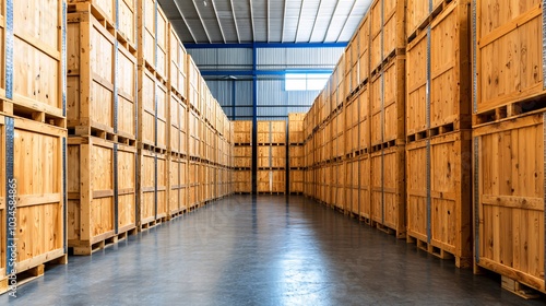 Stacked Wooden Crates In A Warehouse.