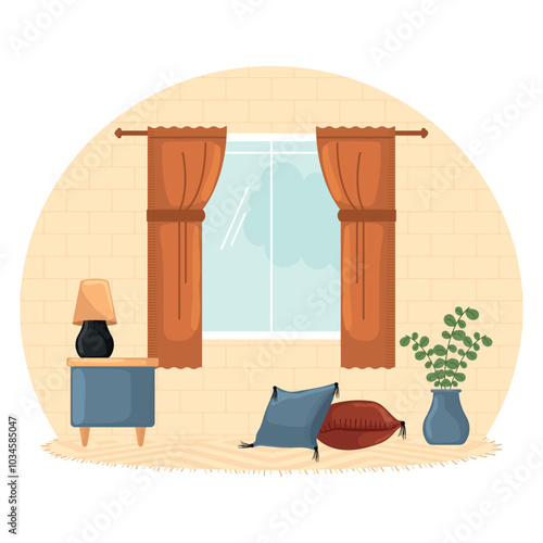 Cozy living room with window, side table, and cushions, Vector