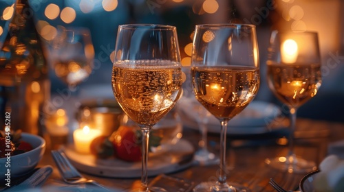 Young couple enjoying a romantic dinner at home, celebrating anniversary with wine and smiles