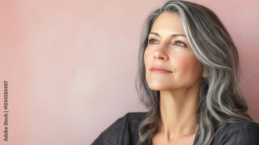 Beautiful middle age natural woman with perfect skin on neutral background with space for text, skincare concept Beautiful middle age natural woman with perfect skin on neutral background with space for text, skincare concept