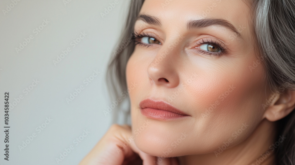 Beautiful middle age natural woman with perfect skin on neutral background with space for text, skincare concept Beautiful middle age natural woman with perfect skin on neutral background with space for text, skincare concept
