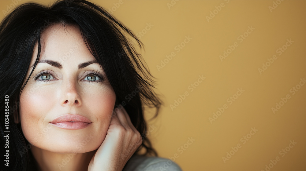 Beautiful middle age natural woman with perfect skin on neutral background with space for text, skincare concept Beautiful middle age natural woman with perfect skin on neutral background with space for text, skincare concept