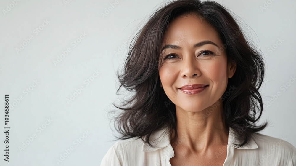 Beautiful middle age natural woman with perfect skin on neutral background with space for text, skincare concept Beautiful middle age natural woman with perfect skin on neutral background with space for text, skincare concept