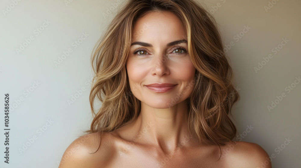 Beautiful middle age woman with perfect skin on neutral background with space for text, skincare concept Beautiful middle age woman with perfect skin on neutral background with space for text, skincare concept