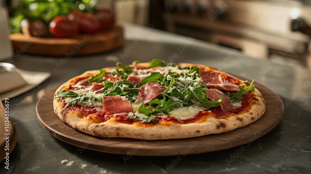 A beautifully presented gourmet pizza topped with arugula, prosciutto, and shaved parmesan, sitting on a stylish plate in a modern kitchen setting. A beautifully presented gourmet pizza topped with arugula, prosciutto, and shaved parmesan, sitting on a stylish plate in a modern kitchen setting.