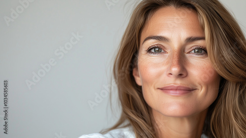 Beautiful middle age natural woman with perfect skin on neutral background with space for text, skincare concept