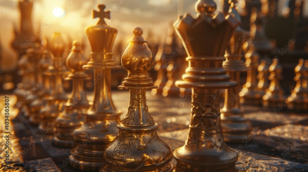 Ornate golden chess pieces on a luxurious board illuminated by warm light. Intricate details adorn the kings, queens, and bishops, showcasing strategic gameplay and royal craftsmanship Ornate golden chess pieces on a luxurious board illuminated by warm light. Intricate details adorn the kings, queens, and bishops, showcasing strategic gameplay and royal craftsmanship