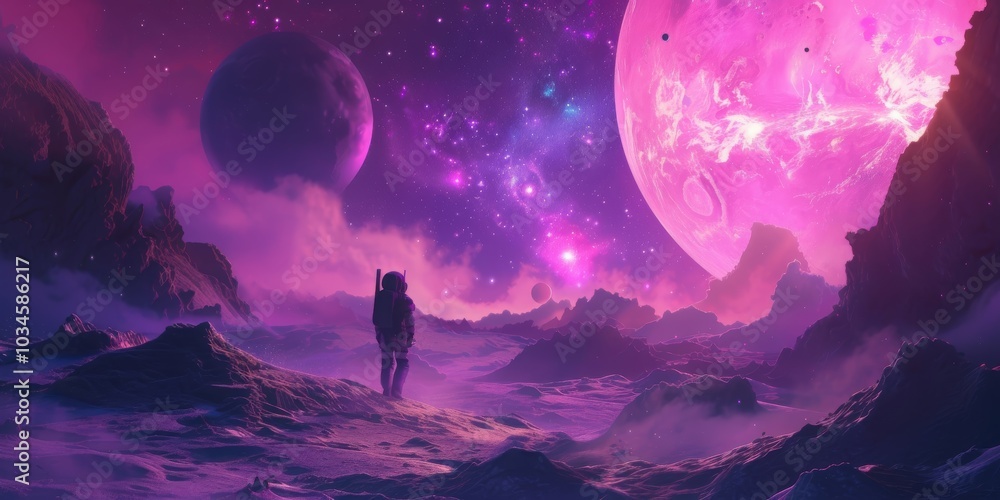 Fototapeta premium Man walking in a surreal alien landscape beneath twin moons, the atmosphere is mysterious and dreamlike, filled with purples and blues, an otherworldly adventure.