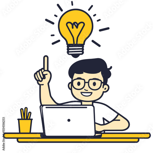 vector drawing cartoon style man at laptop light bulb of new idea .Generative AI