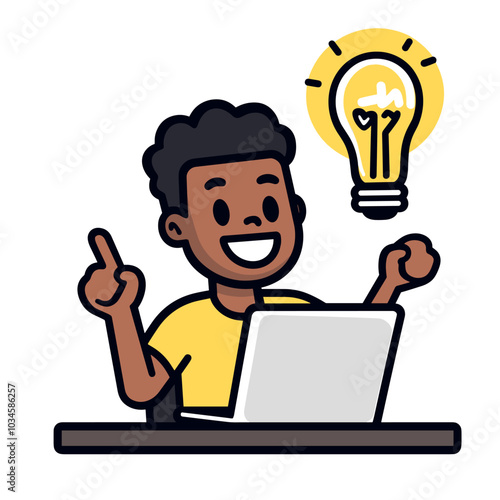 vector drawing cartoon style man at laptop light bulb of new idea .Generative AI