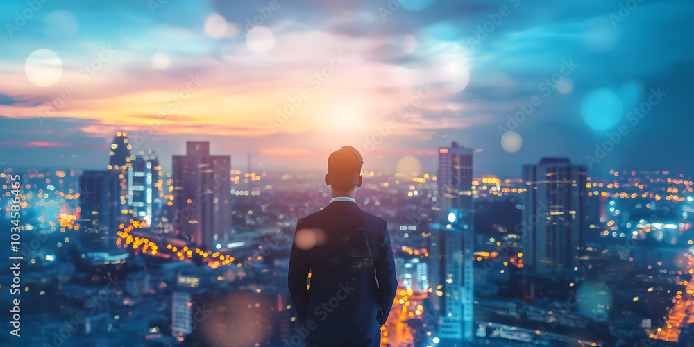Businessman Overlooking Futuristic Smart City Skyline at Dusk with Digital Network Connections Businessman Overlooking Futuristic Smart City Skyline at Dusk with Digital Network Connections