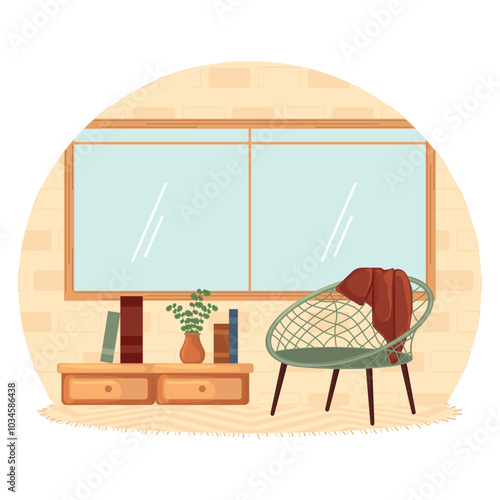 Living room with bookshelf, chair, and large window, Vector