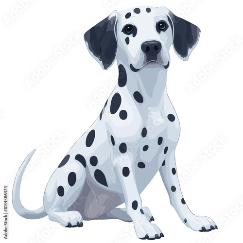 Detailed vector illustration of a sitting Dalmatian dog with black spots and alert ears. Ideal for pet lovers, dog breed designs, and animal-themed artwork.
