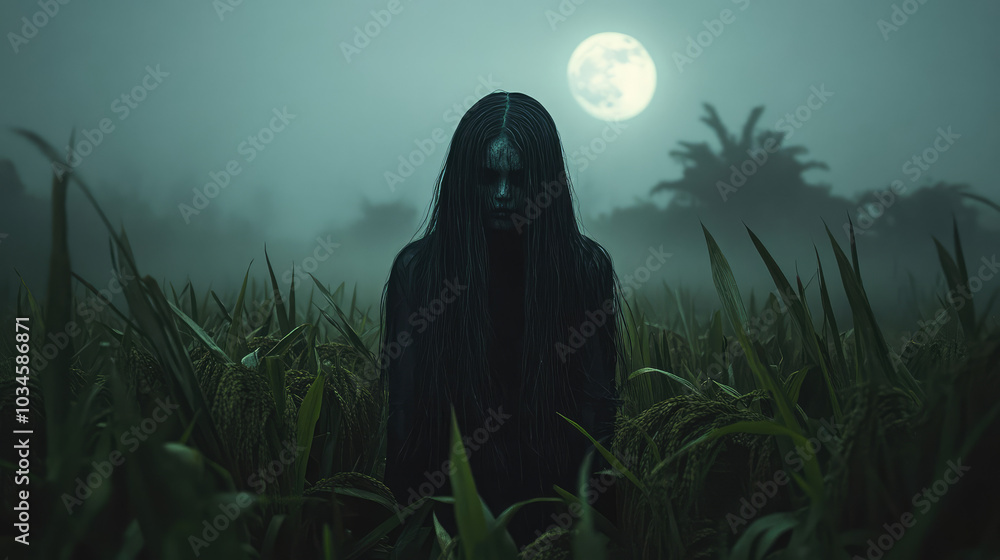 A terrifying ghost with long, flowing black hair and a distorted face, standing in the middle of a shadowy rice field under the light of a full moon, her figure barely visible through the thick fog. A terrifying ghost with long, flowing black hair and a distorted face, standing in the middle of a shadowy rice field under the light of a full moon, her figure barely visible through the thick fog.