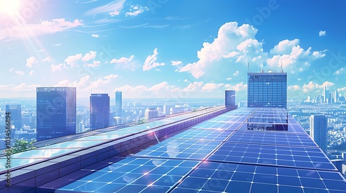 A vibrant cityscape featuring solar panels on rooftops under a bright sky.