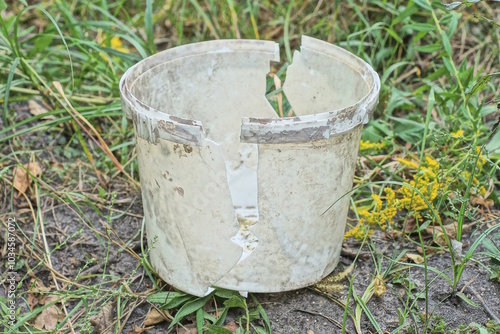 garbage from a piece of a broken white plastic bucket stands on the gray ground in green grass on the street