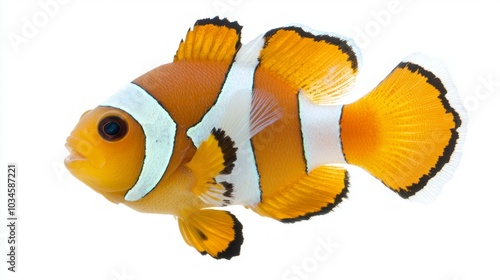 vibrant Clownfish exhibits its bright orange body with white bands and black outlines against a clean white backdrop demonstrating its unique characteristics. photo