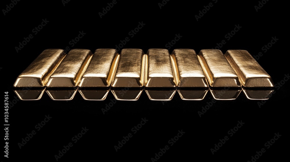 Neatly Arranged Gold Bars on Reflective Surface Neatly Arranged Gold Bars on Reflective Surface