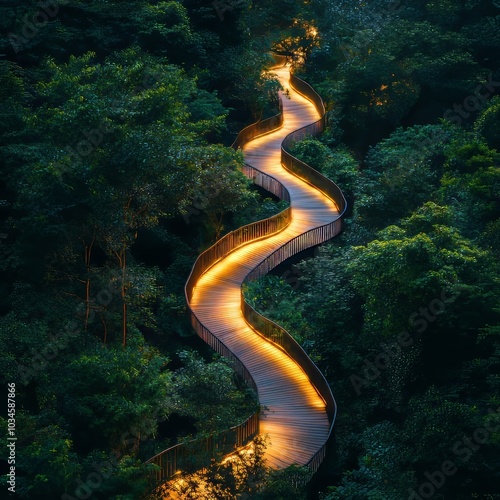 Birds-eye view of a tranquil path glowing with soft light, symbolizing a harmonious journey to wellness and success, nestled in a vibrant forest photo