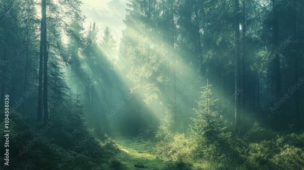Obraz premium A misty forest with rays of sunlight guiding the way, representing clarity and focus on the path to personal health and achievement