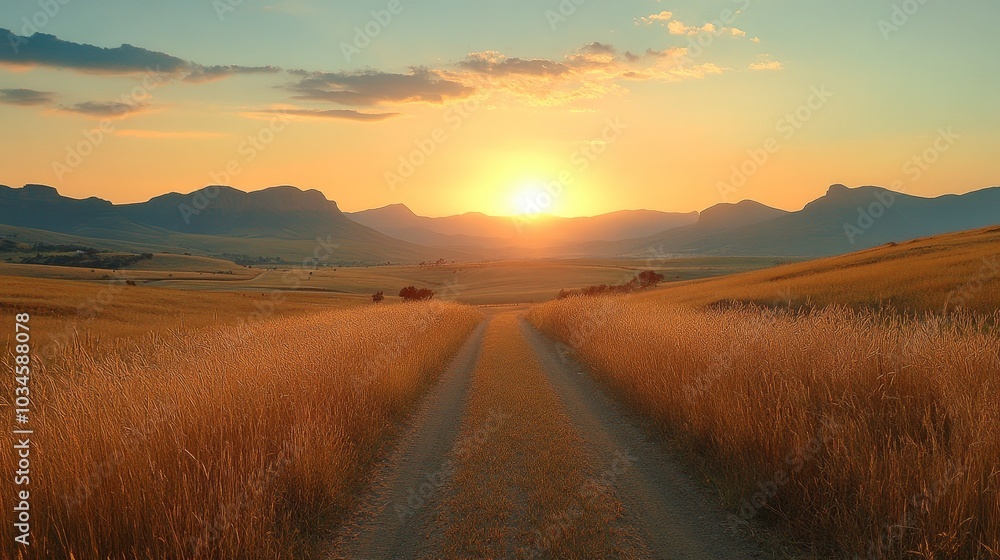Obraz premium A distant horizon where a sunlit road leads to the mountains, representing the long but rewarding journey to a successful and healthy life