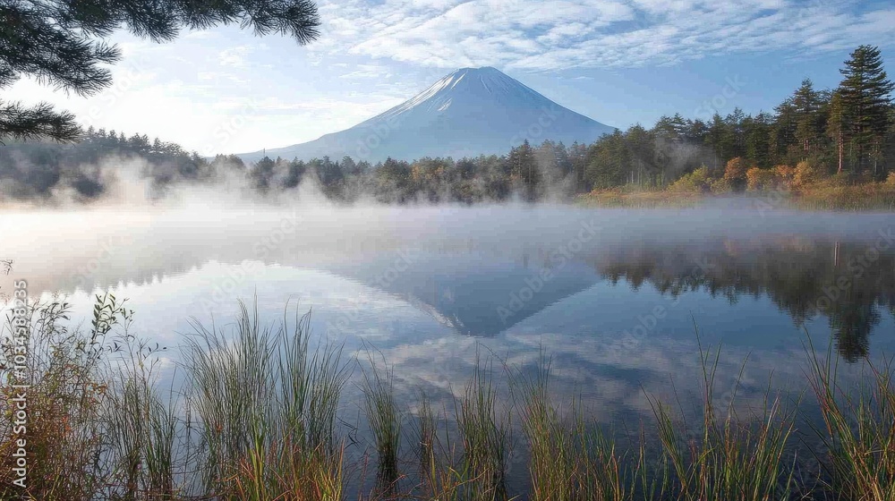Fototapeta premium Misty Morning at Lake Kawaguchi with Mount Fuji