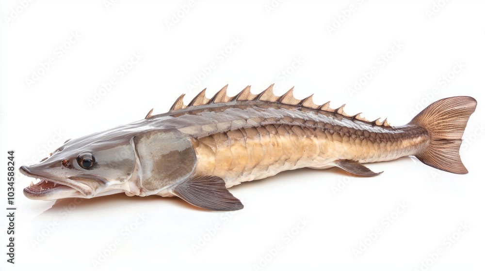 high resolution shot captures a sturgeon with its unique elongated body and prominent dorsal spines highlighting the intricate details of its scales and fins. high resolution shot captures a sturgeon with its unique elongated body and prominent dorsal spines highlighting the intricate details of its scales and fins.