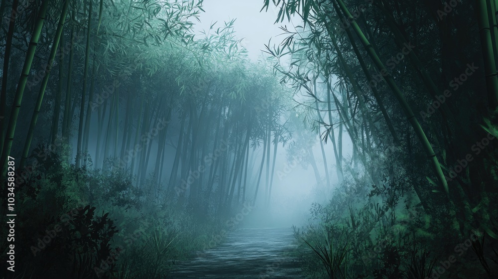 Fototapeta premium Misty Morning in a Serene Bamboo Forest