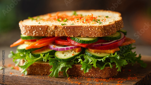 Veggie sandwich on rye bread with fresh cucumber, bell peppers, and carrots. A hearty rye bread sandwich filled with thinly sliced cucumber, bell peppers, red onion, shredded carrots, and leafy greens